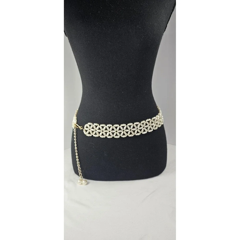Vintage Faux Pearl Floral‎ Link Belt Gold Chain Adjustable Retro Glam Chic 26